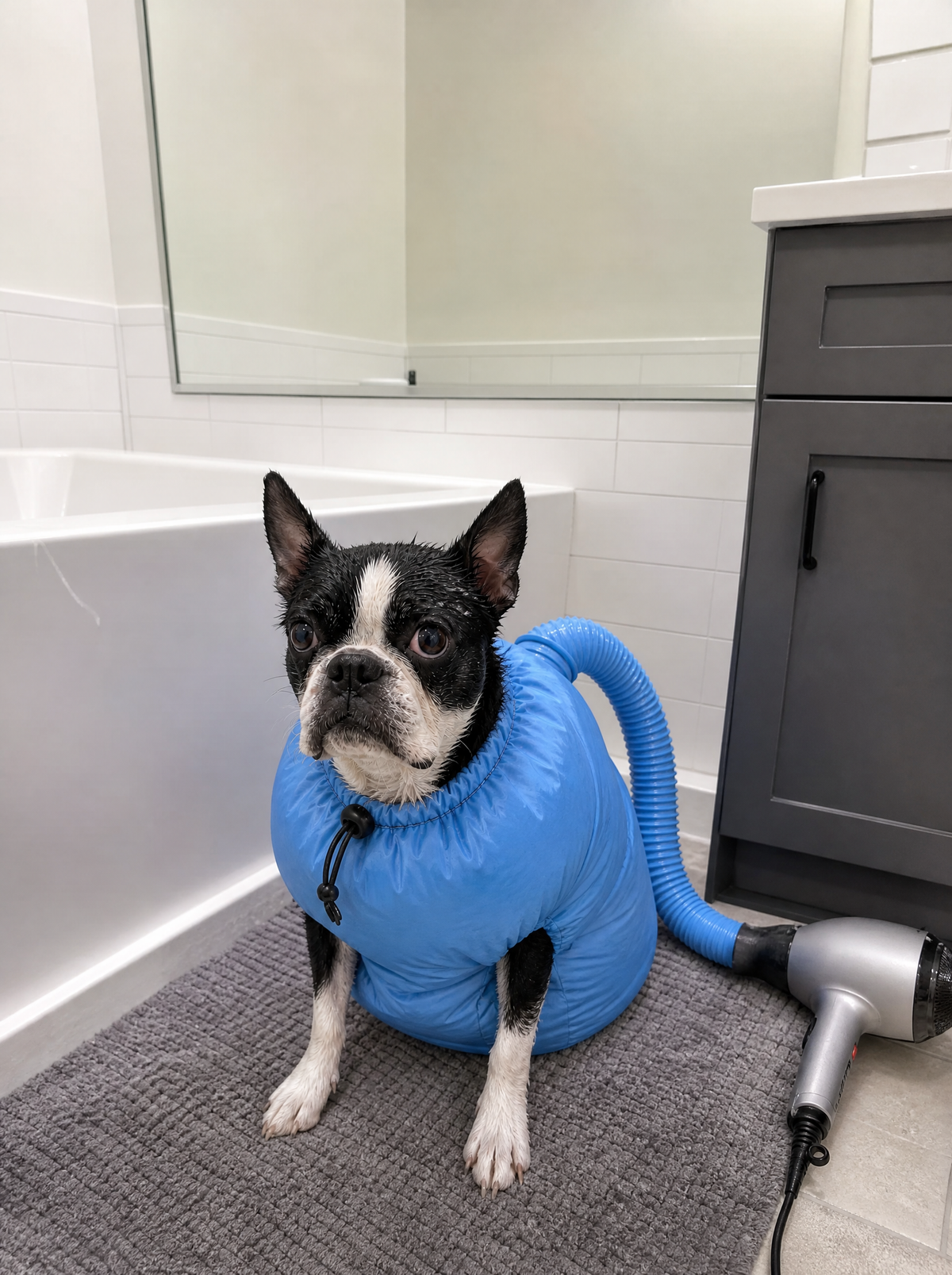 Boston terrier drying in the Loovina Dog Drying Bag, customer photo