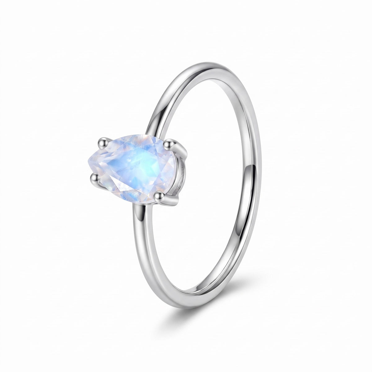 Moonstone teardrop ring in sterling silver, front view