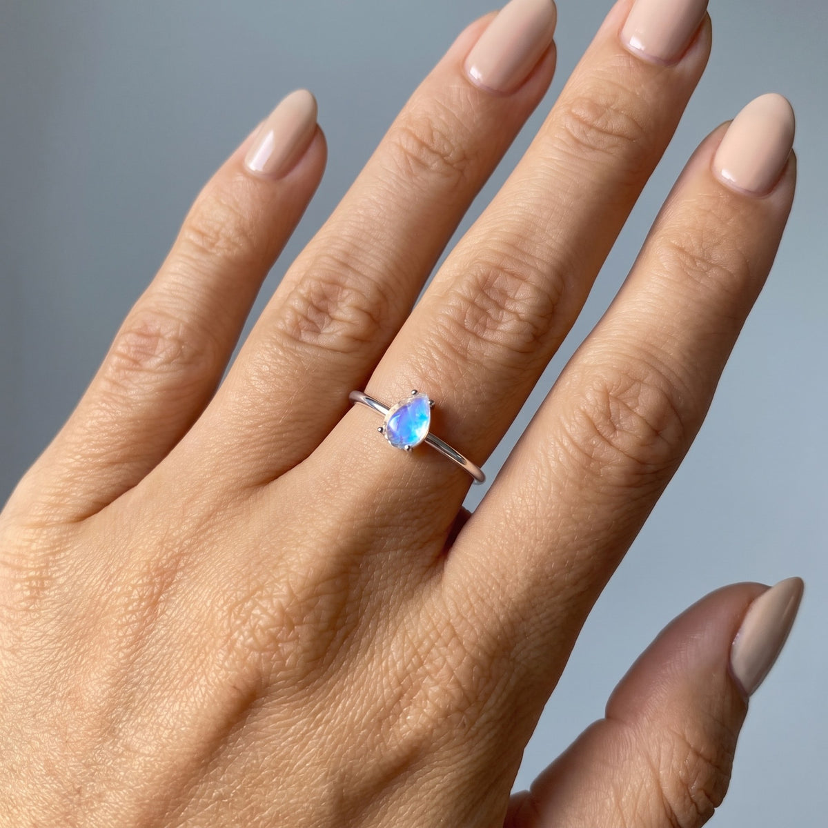 Sterling silver moonstone ring worn on the hand