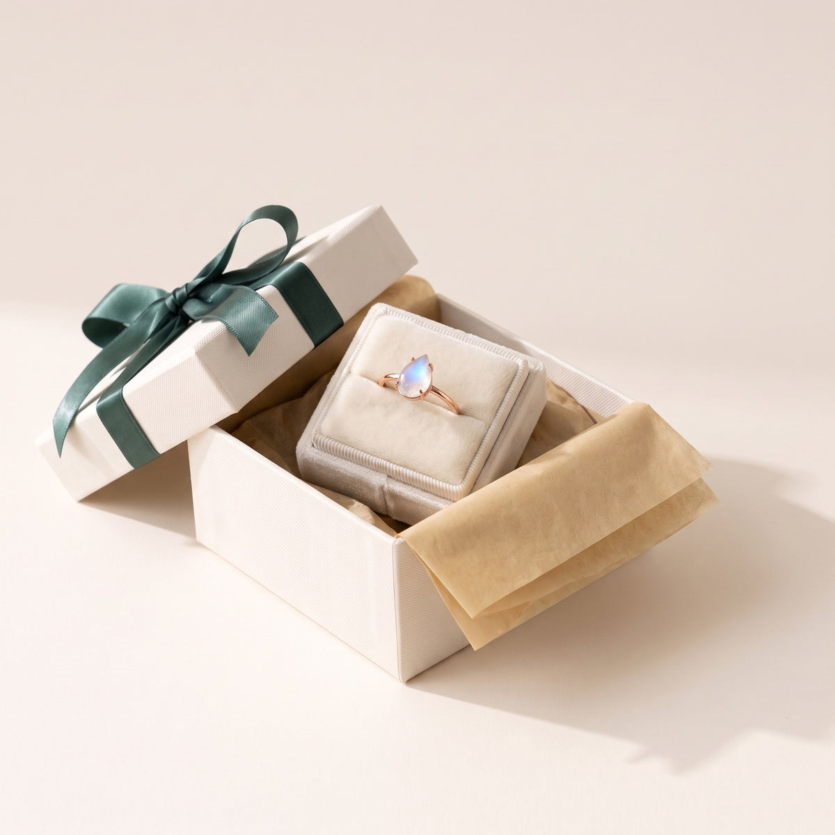 Moonstone ring presented in the Loovina gift box
