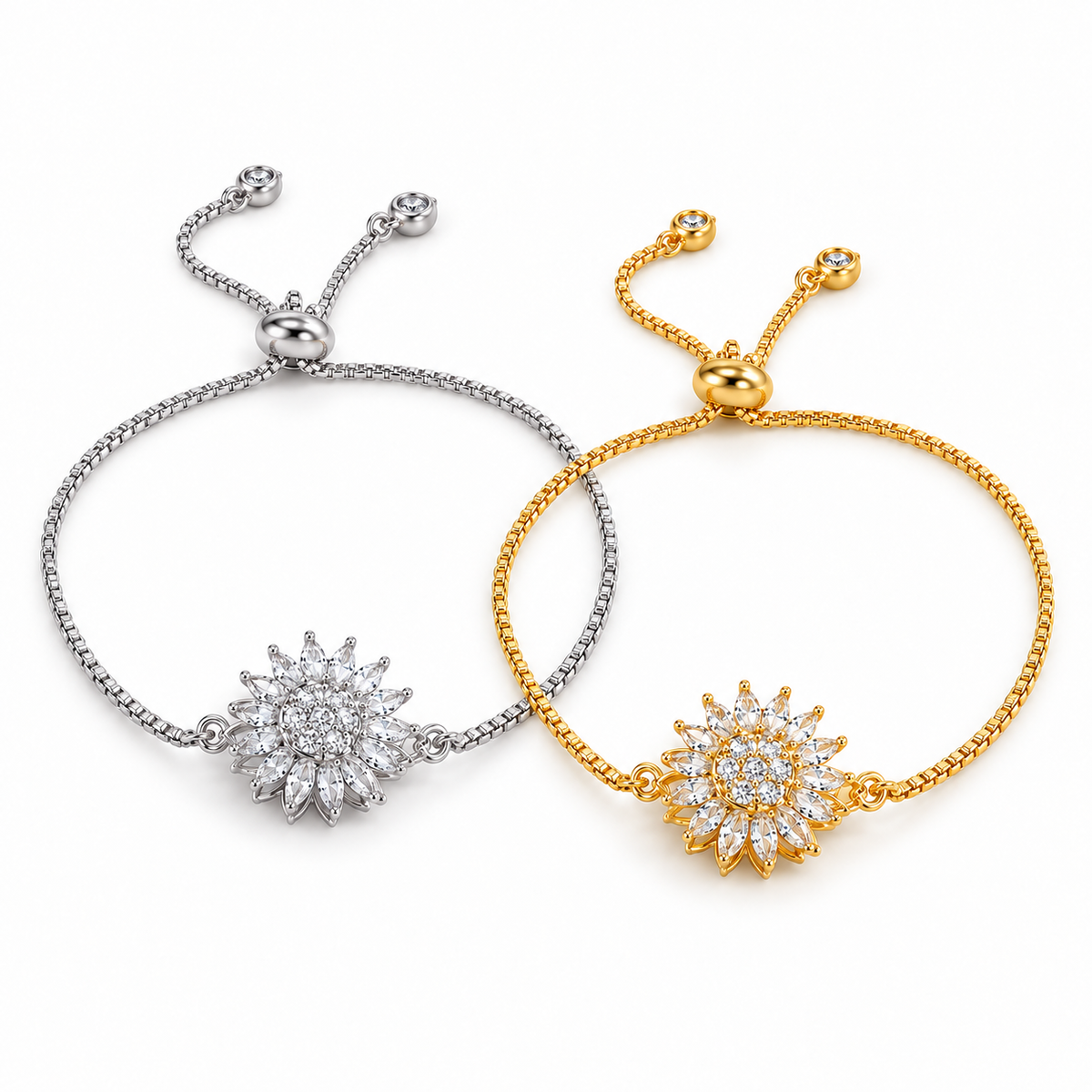 Gold and silver sunflower spinning bracelets side by side