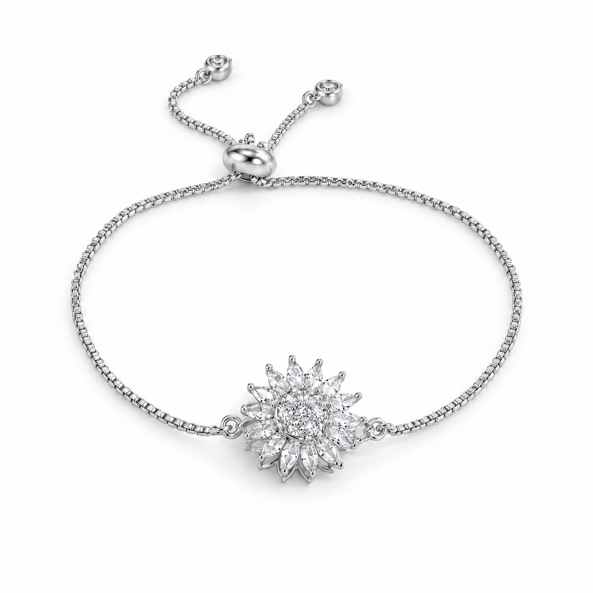 Silver sunflower spinning bracelet with adjustable slider