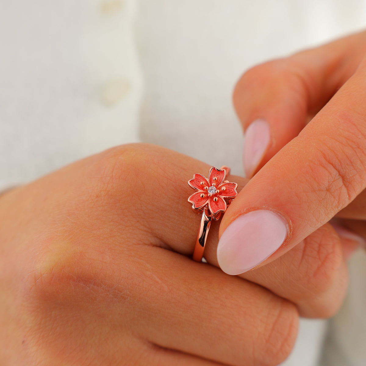 Thumb spinning the cherry blossom on the ring
