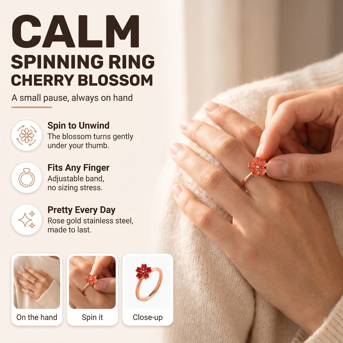 Cherry Blossom Spinning Ring: spin to unwind, fits any finger, pretty every day