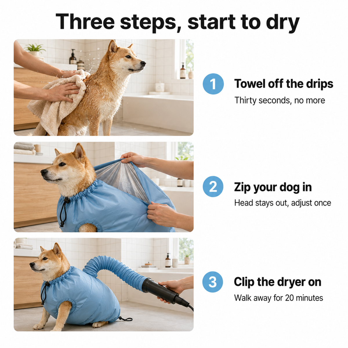 Three steps to a dry dog: towel off, slip in, clip the dryer