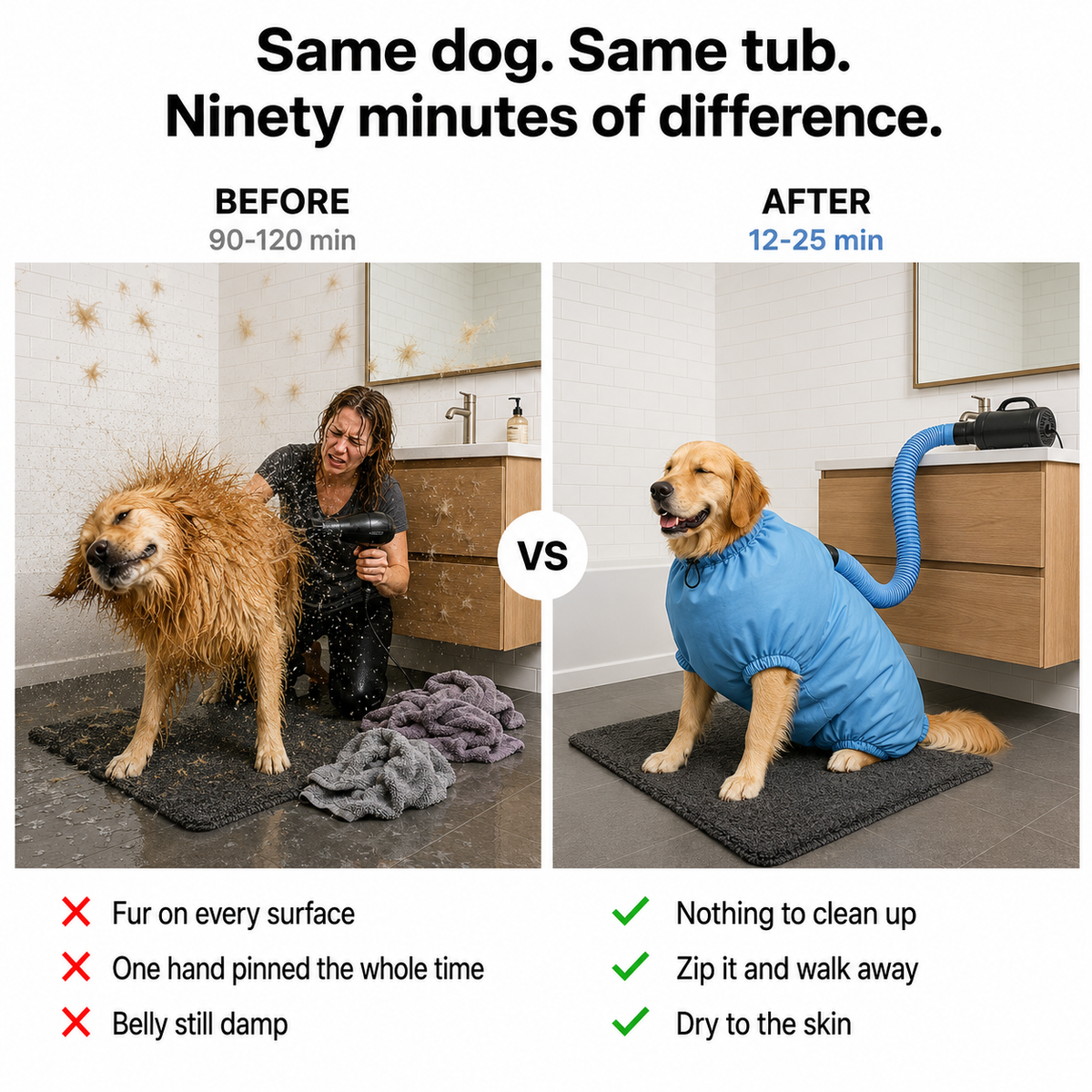 Before and after: towel and hair dryer vs drying bag