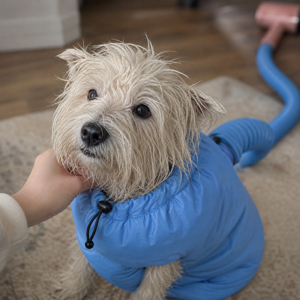 Calm dog in the drying bag, head out