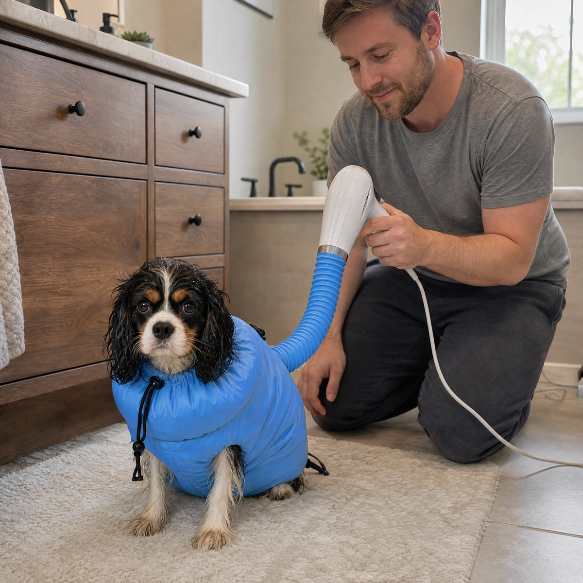 Dog parent drying a Cavalier with the drying bag