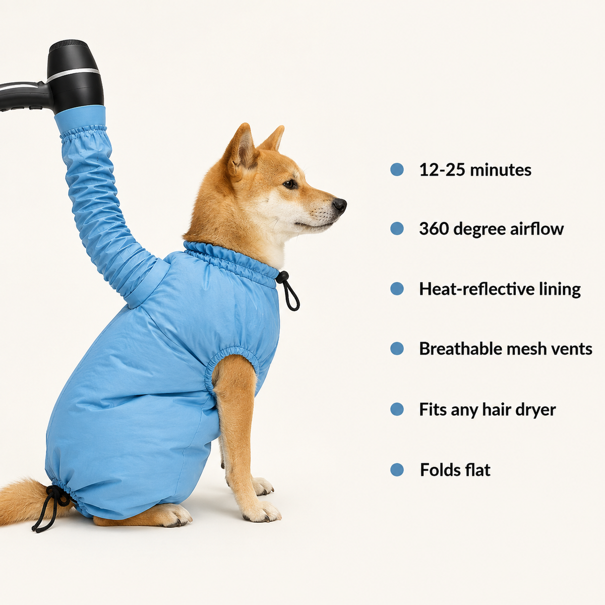 Dog drying bag features: 360 degree airflow, heat-reflective lining, fits any hair dryer