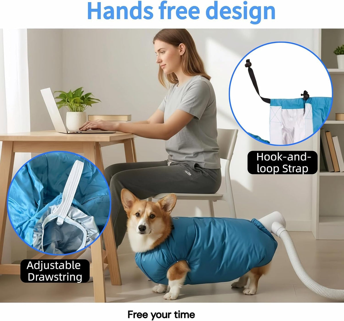 Hands-free design with adjustable drawstring and hook-and-loop strap