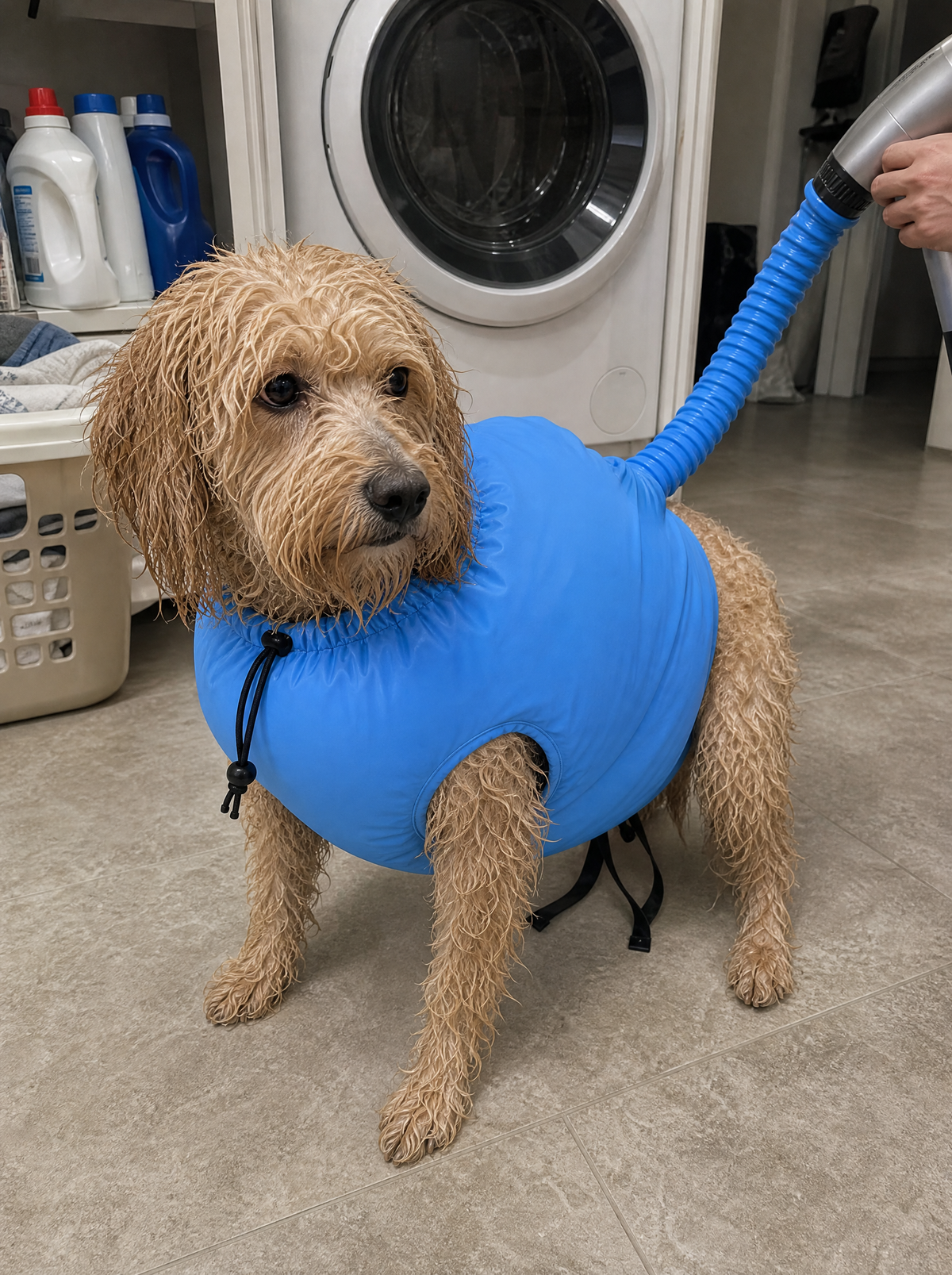Doodle drying in the Loovina Dog Drying Bag, customer photo