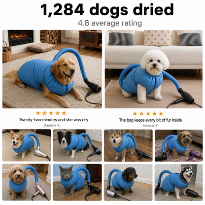 Dogs dried with the Loovina Dog Drying Bag, 4.8 average rating