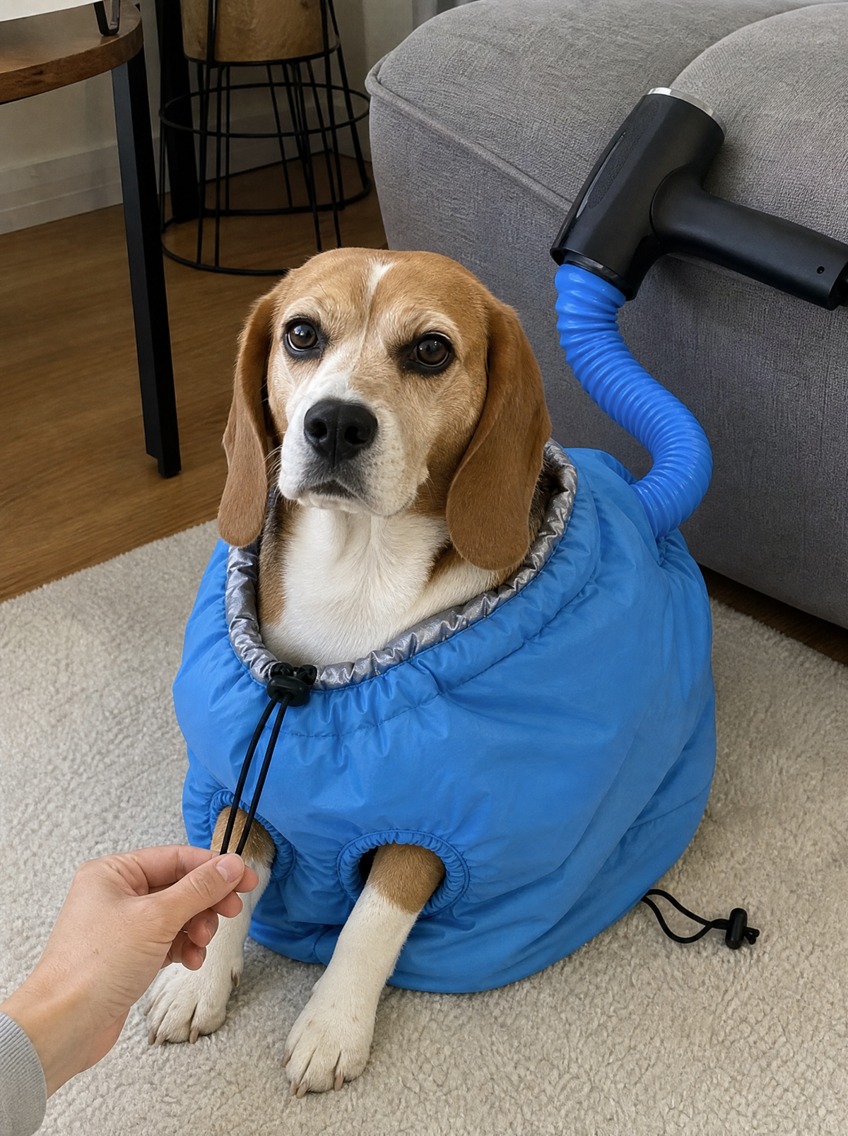 Beagle drying in the Loovina Dog Drying Bag