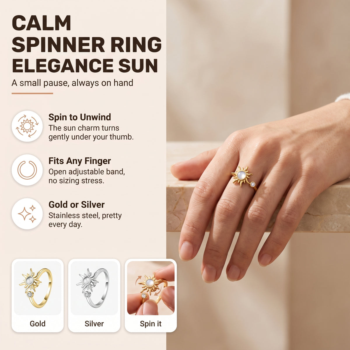 Elegance Spinner Ring: spin to unwind, fits any finger, gold or silver