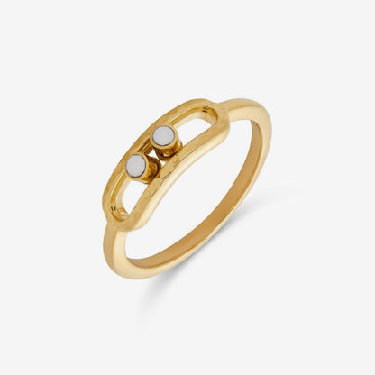 Gold ring with two pearly sliding beads in a hammered frame