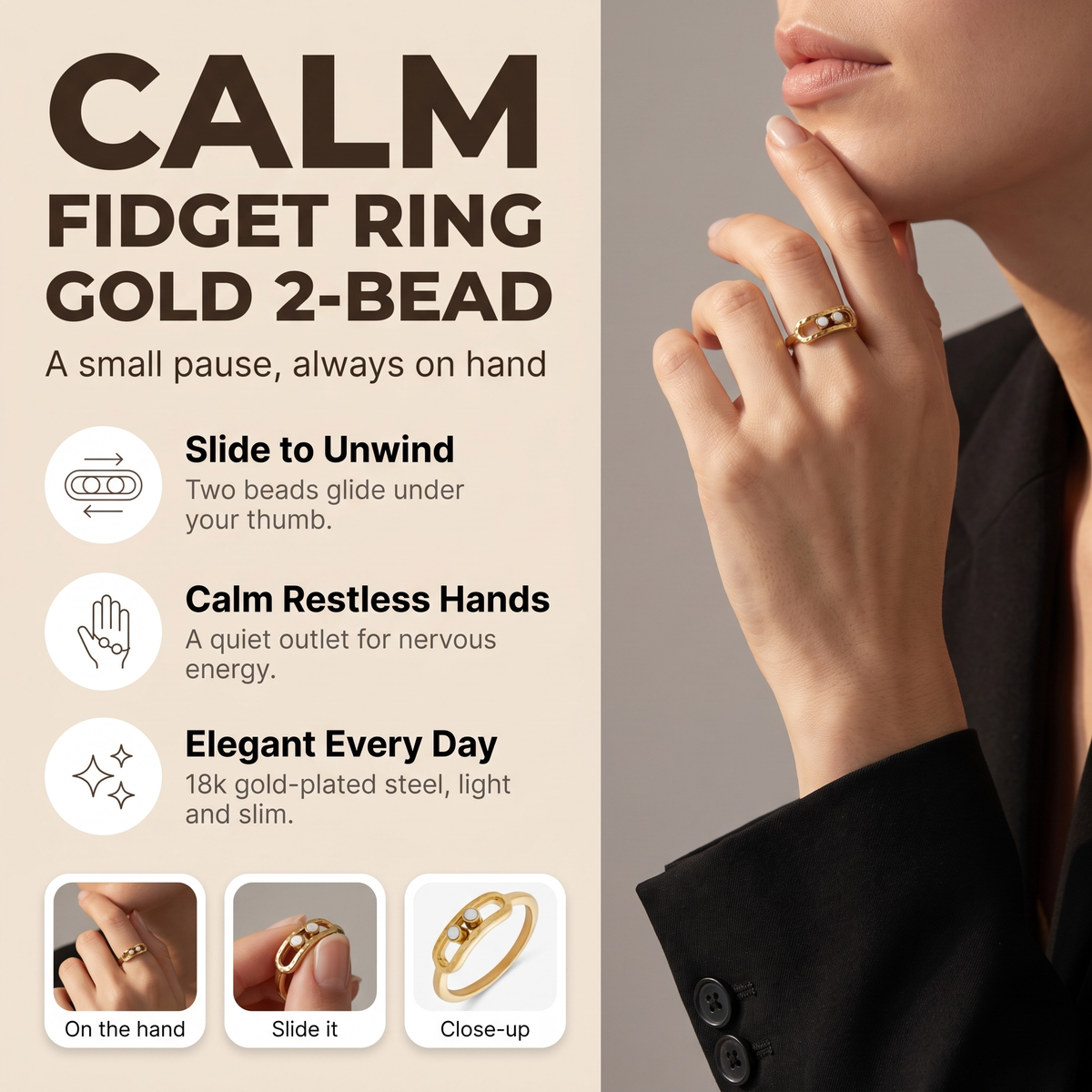 Gold 2-Bead Hammered Ring: spin to unwind, calm restless hands, elegant every day