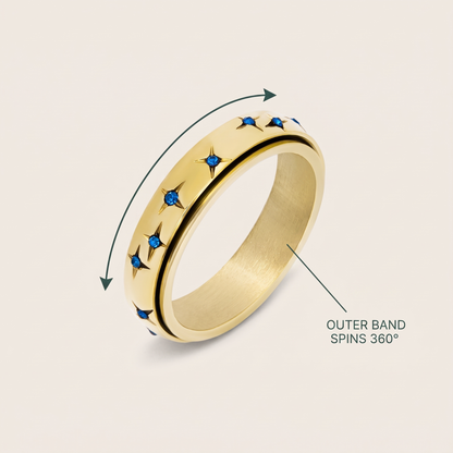 Gold Blue Star Spinning Ring: the outer band spins 360 degrees