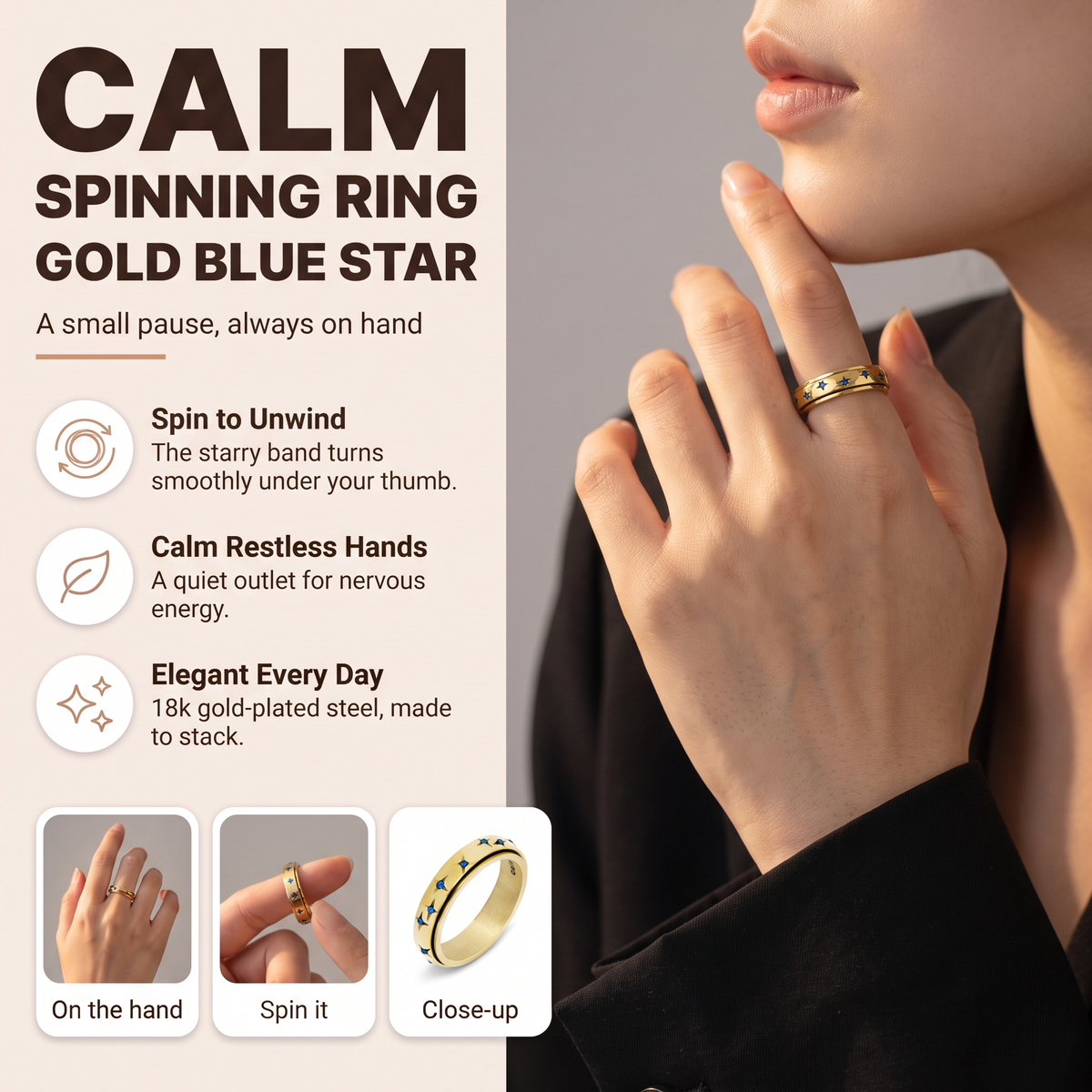 Gold Blue Star Spinning Ring: spin to unwind, calm restless hands, elegant every day