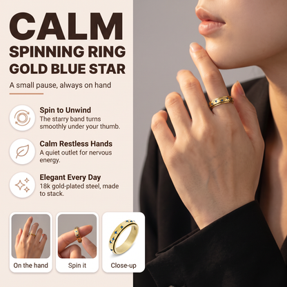 Gold Blue Star Spinning Ring: spin to unwind, calm restless hands, elegant every day