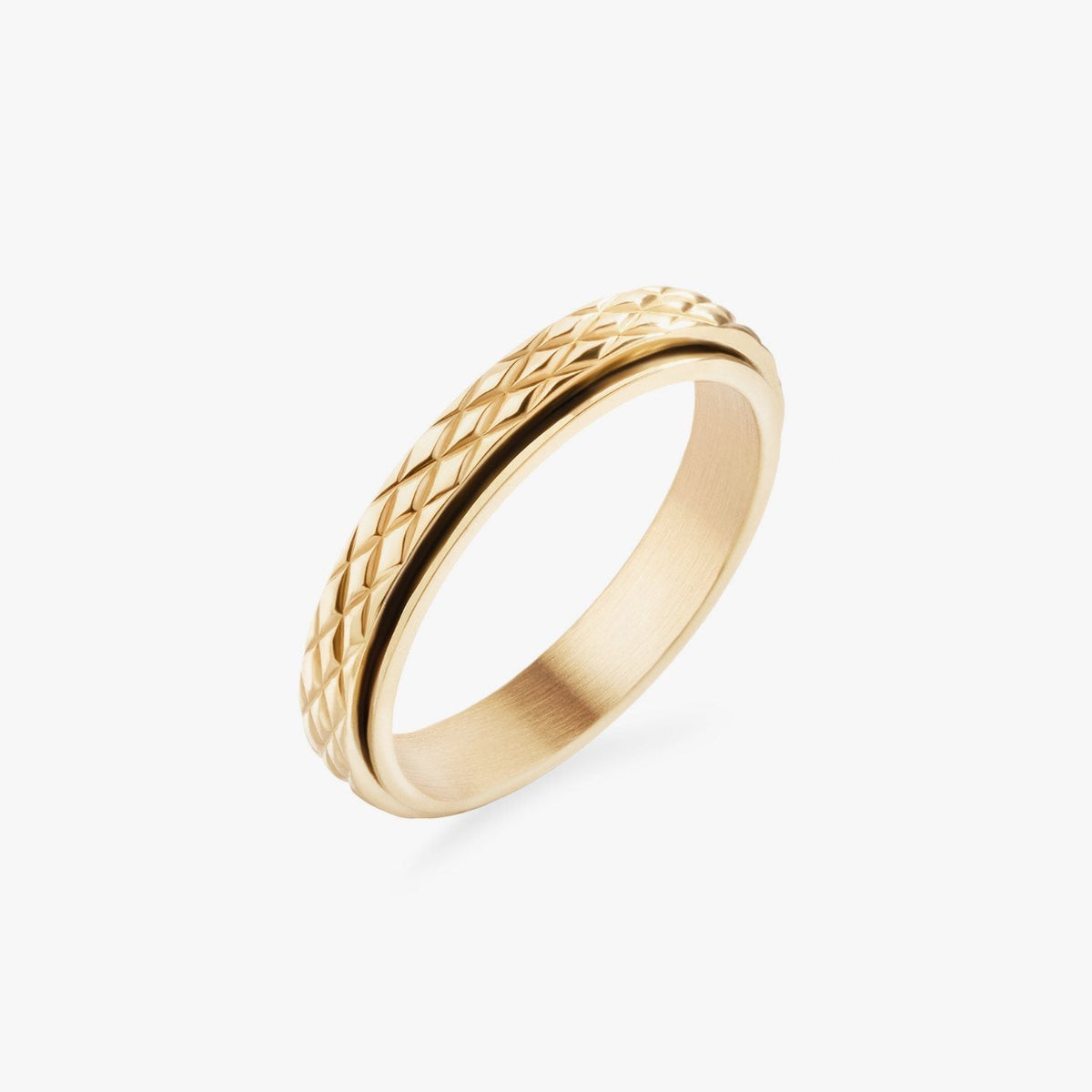 Gold spinning ring with a diamond-cut cross pattern outer band