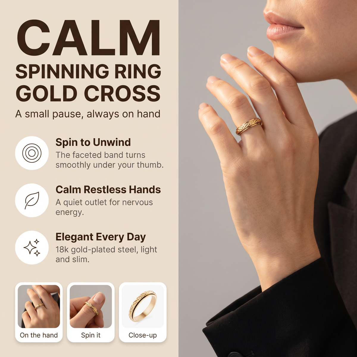 Gold Cross Pattern Spinning Ring: spin to unwind, calm restless hands, elegant every day