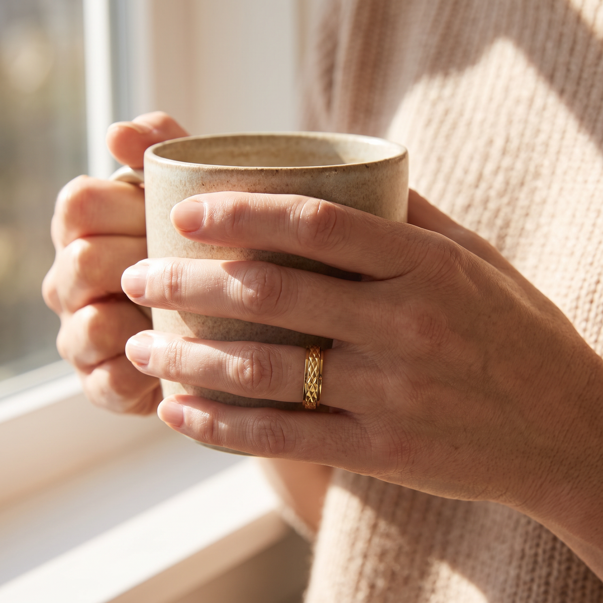 Hands holding a coffee mug, wearing the Gold Cross Pattern Spinning Ring