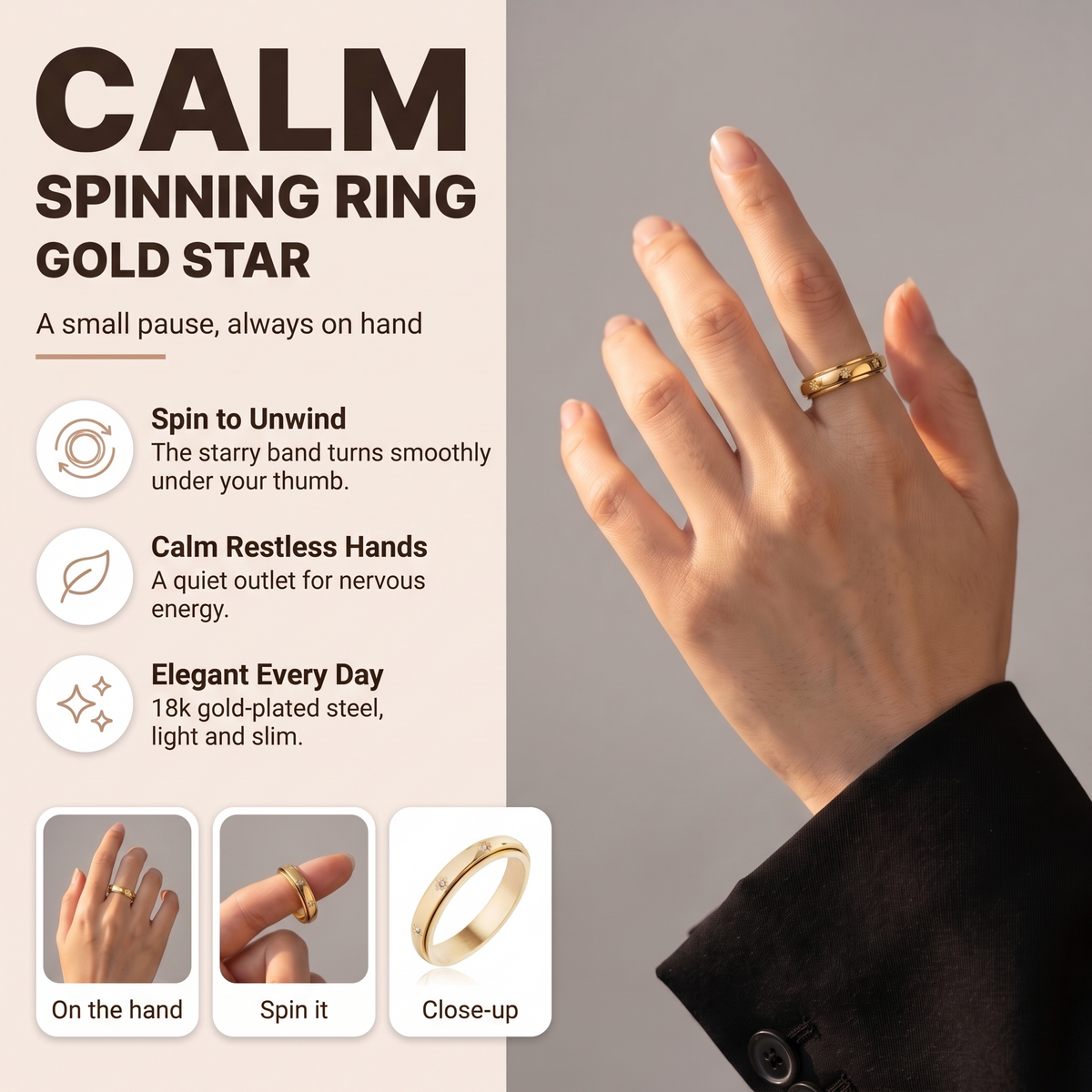 Gold Star Spinning Ring: spin to unwind, calm restless hands, elegant every day