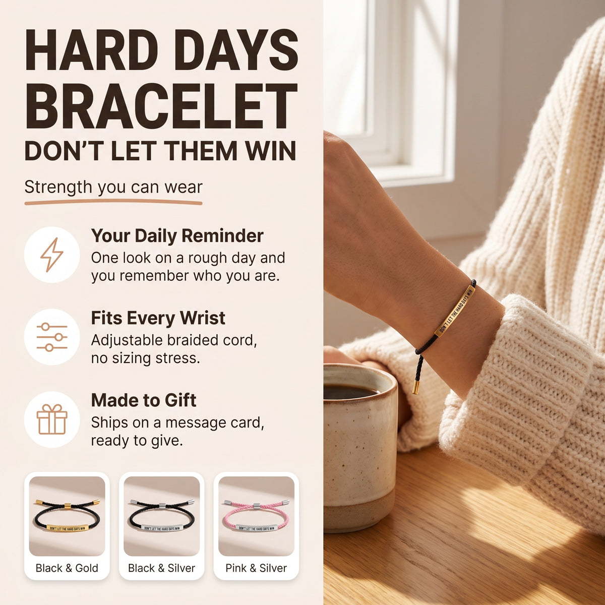 Loovina Hard Days bracelet: your daily reminder, fits every wrist, made to gift