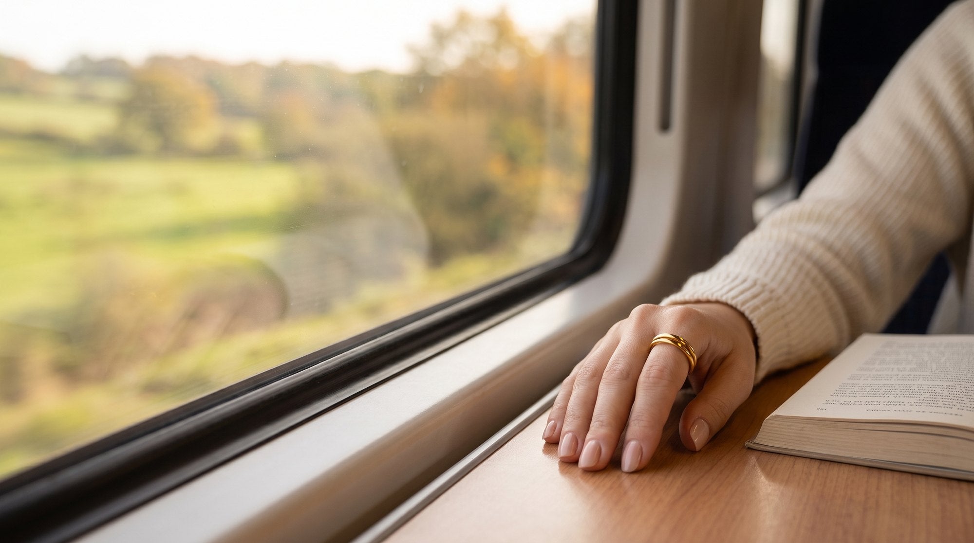 Hand resting by a train window, wearing the Loovina Harmony gold rolling ring