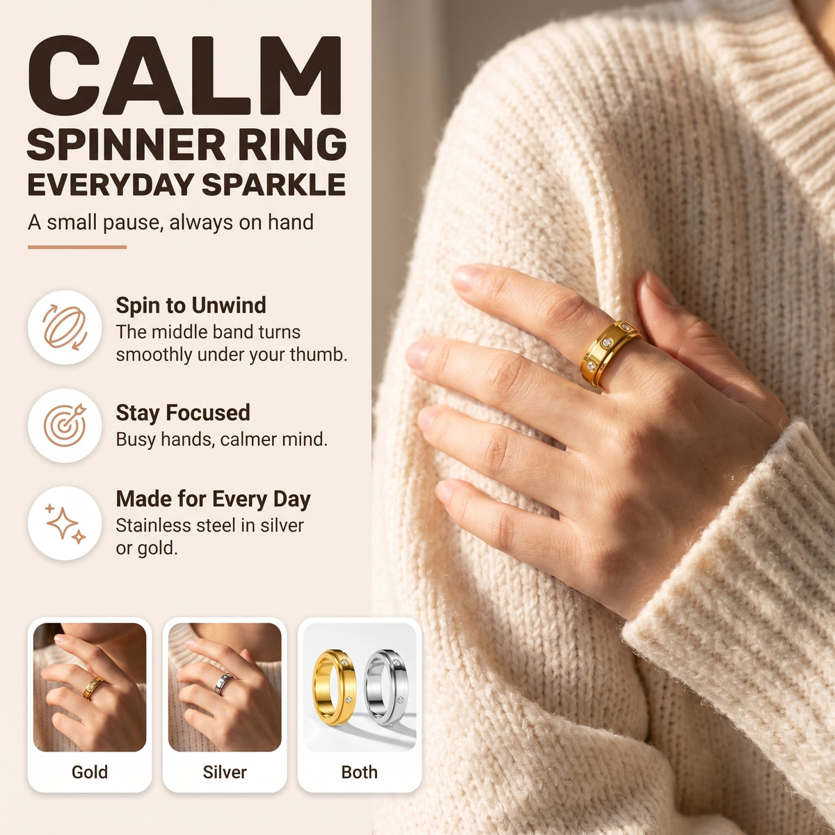 Light Spinner Ring: spin to unwind, stay focused, made for every day