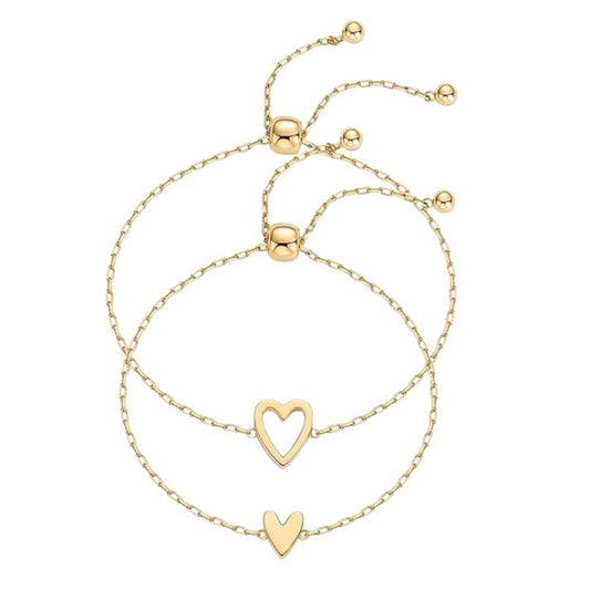 Matching Hearts Set in gold: solid heart and open heart bracelets