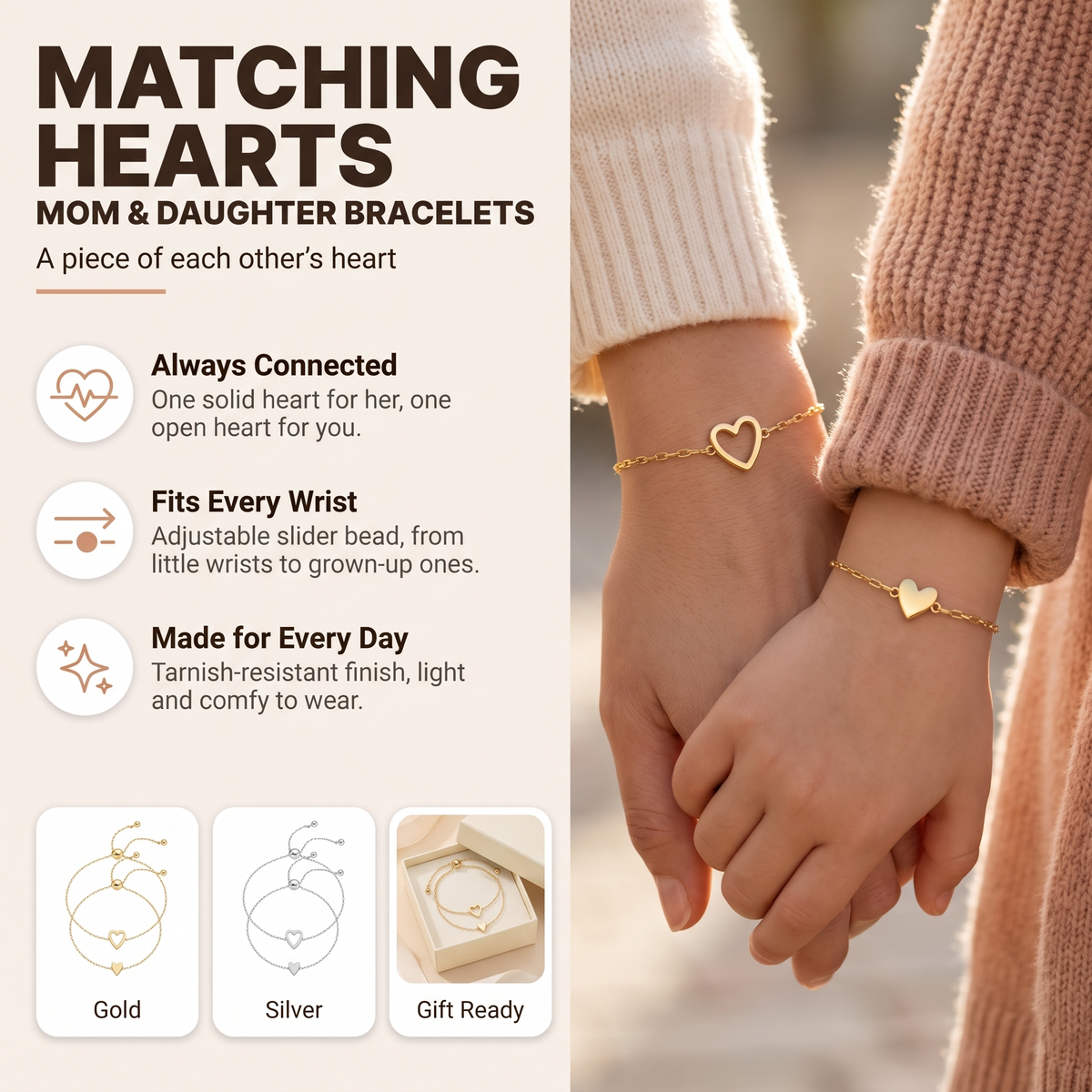 Loovina Matching Hearts mom and daughter bracelets: always connected, fits every wrist, made for every day