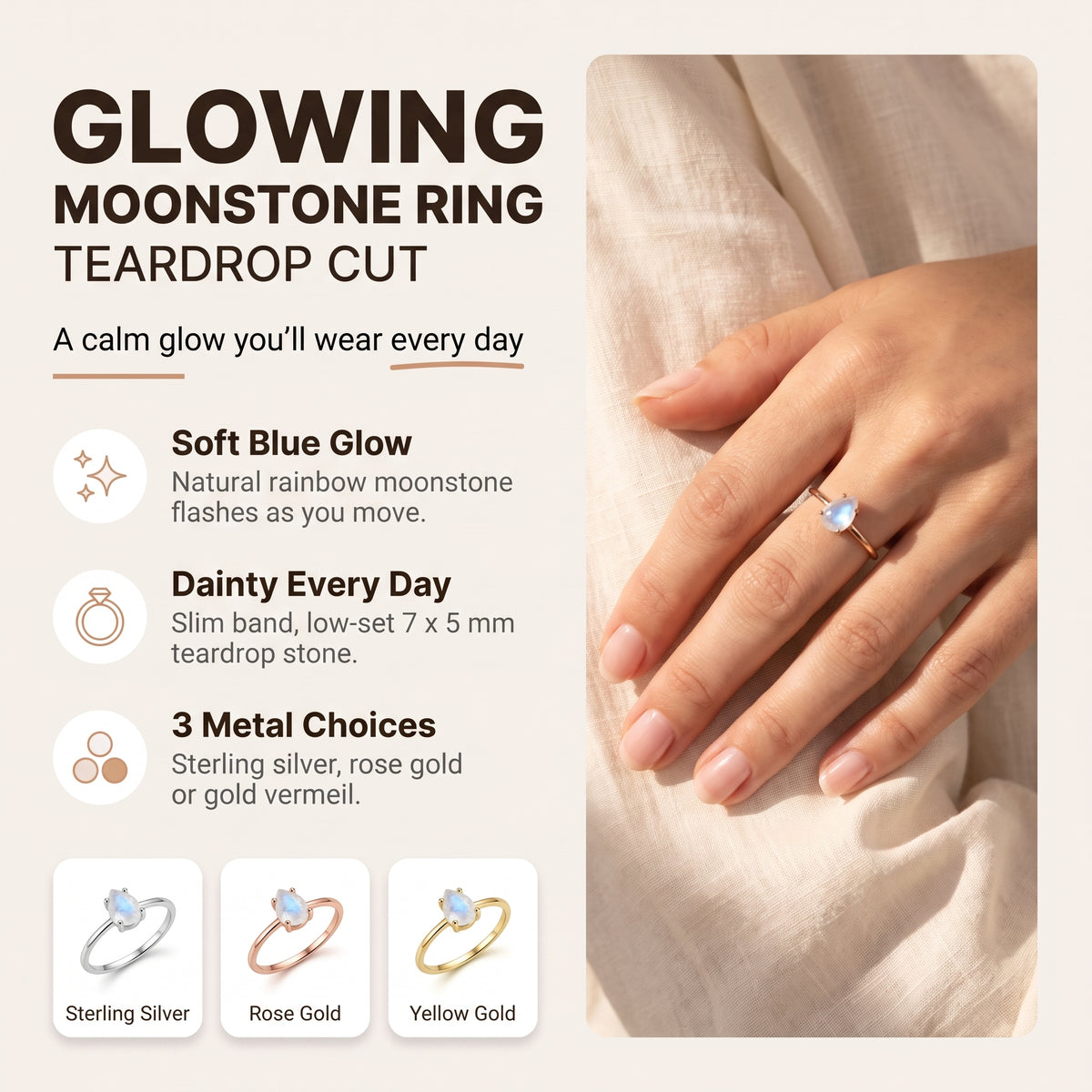 Moonstone Teardrop Ring: soft blue glow, dainty every day, 3 metal choices