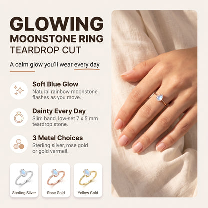 Moonstone Teardrop Ring: soft blue glow, dainty every day, 3 metal choices