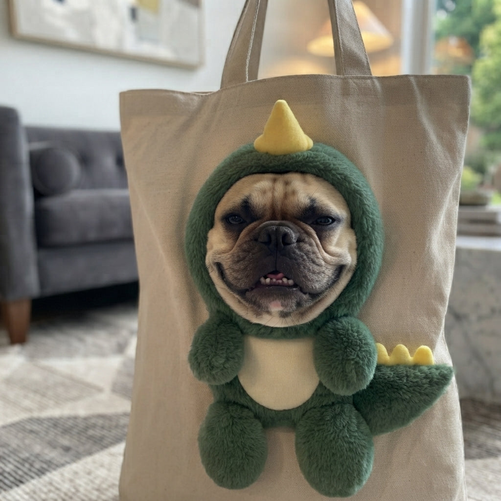 French bulldog in the Loovina dino costume tote