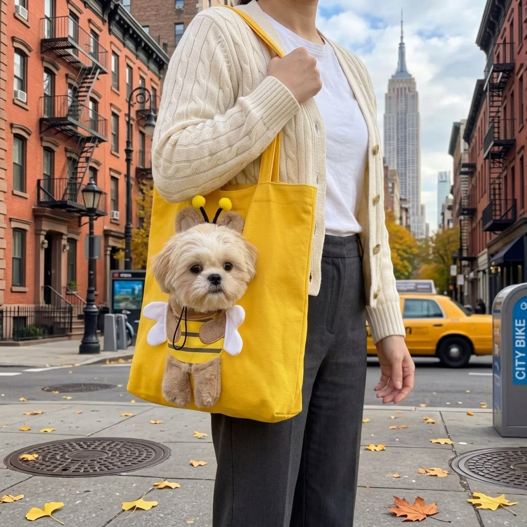 Woman carrying a puppy in the Loovina bee costume tote