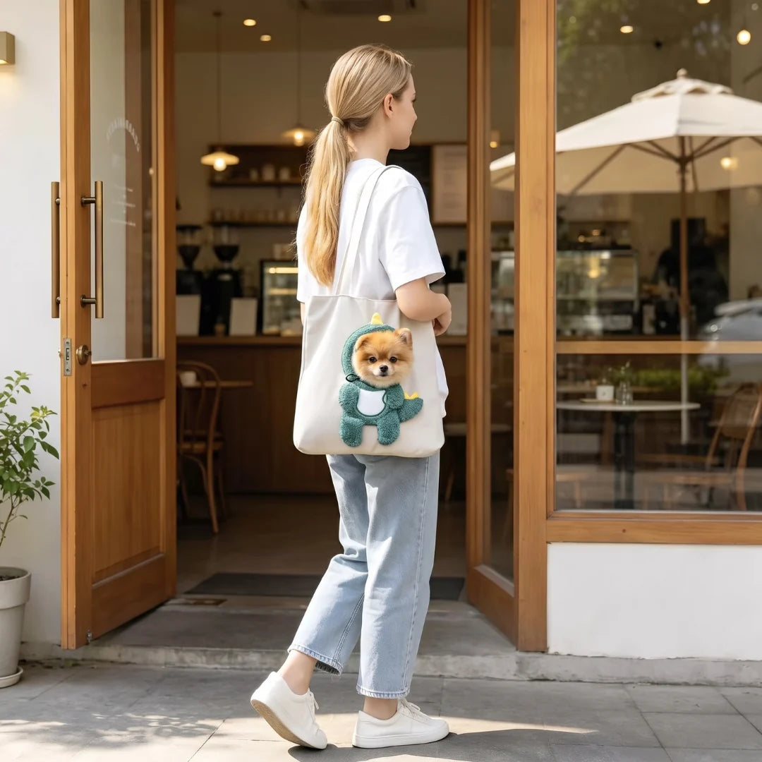 Loovina dino tote at a cafe
