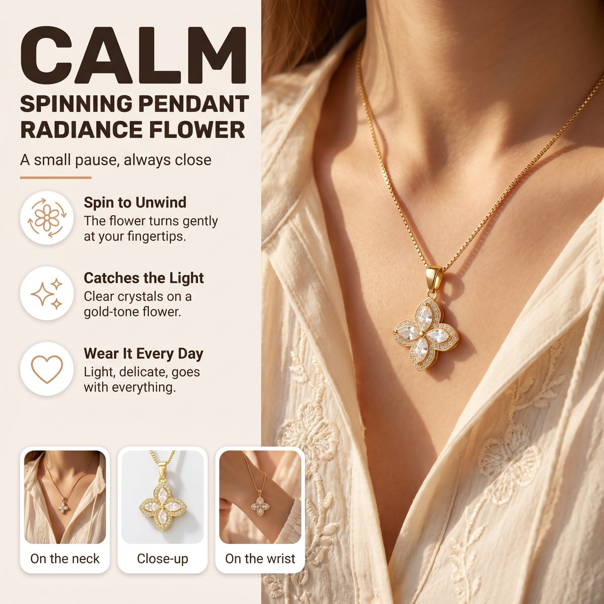 Radiance Spinning Pendant: spin to unwind, catches the light, wear it every day