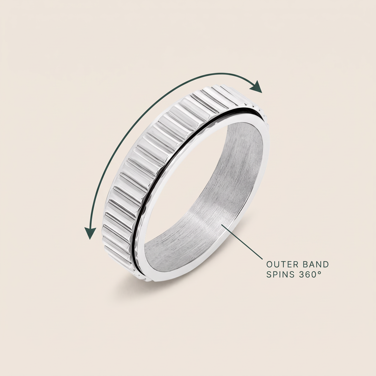 Silver Grooved Spinning Ring: the outer band spins 360 degrees