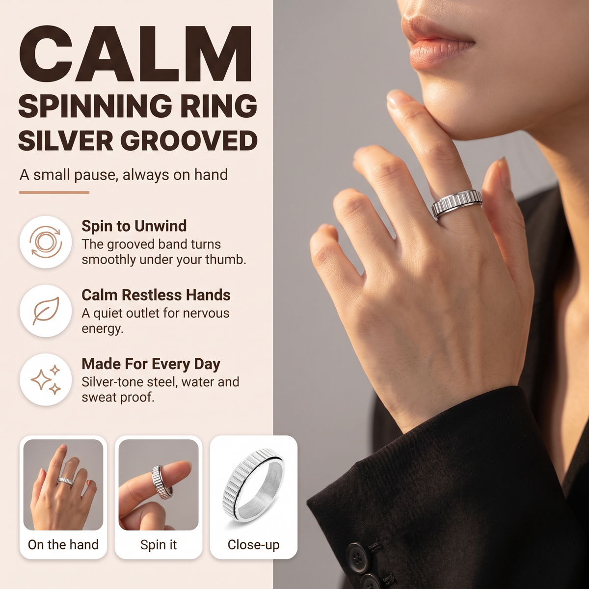 Silver Grooved Spinning Ring: spin to unwind, calm restless hands, elegant every day