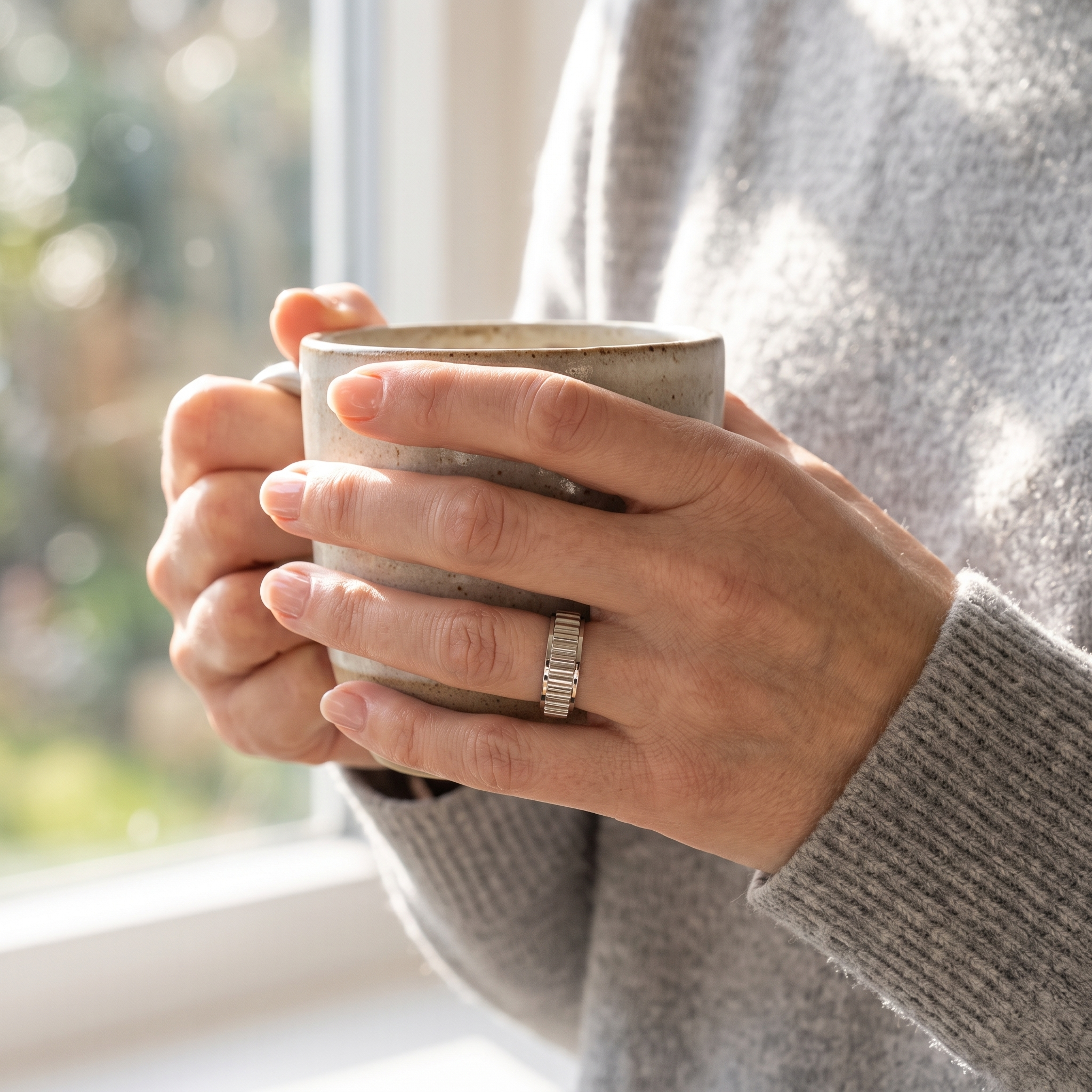 Hands holding a coffee mug, wearing the Silver Grooved Spinning Ring
