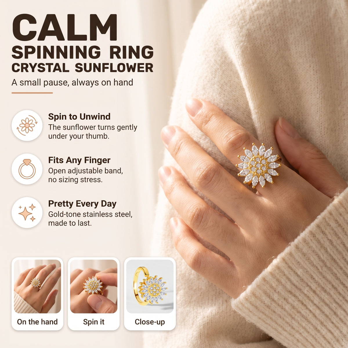 Sunflower Spinner Ring: spin to unwind, fits any finger, pretty every day